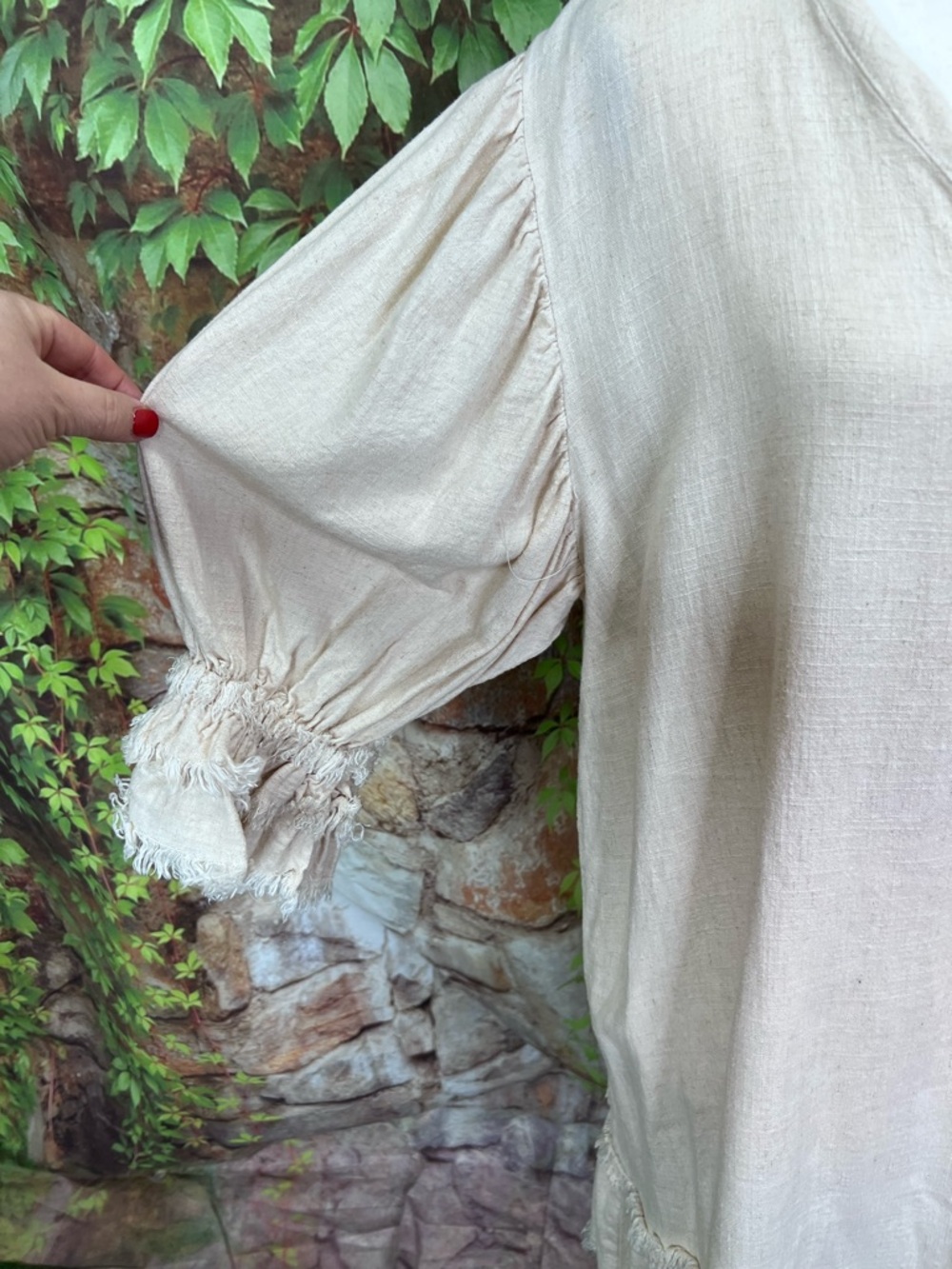 MAZIK Linen Blend Fringed Ruffle Trim Quiet Luxury Shift Dress, L - Picture 3 of 11